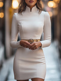 Luella - Women's Mandarin Collar Sheath Dress with Gold Belt