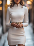Luella - Women's Mandarin Collar Sheath Dress with Gold Belt
