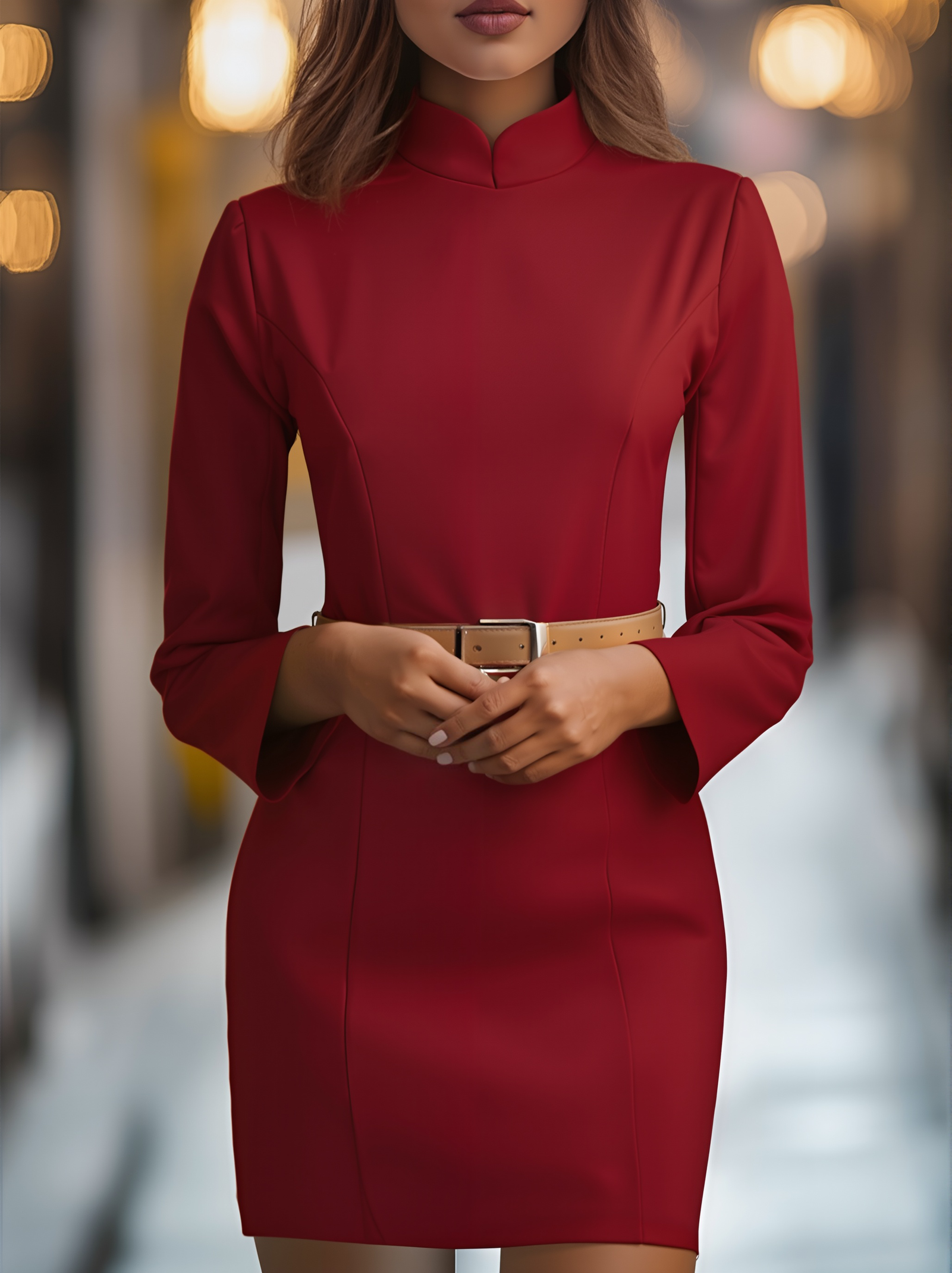 Luella - Women's Mandarin Collar Sheath Dress with Gold Belt