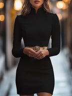 Luella - Women's Mandarin Collar Sheath Dress with Gold Belt