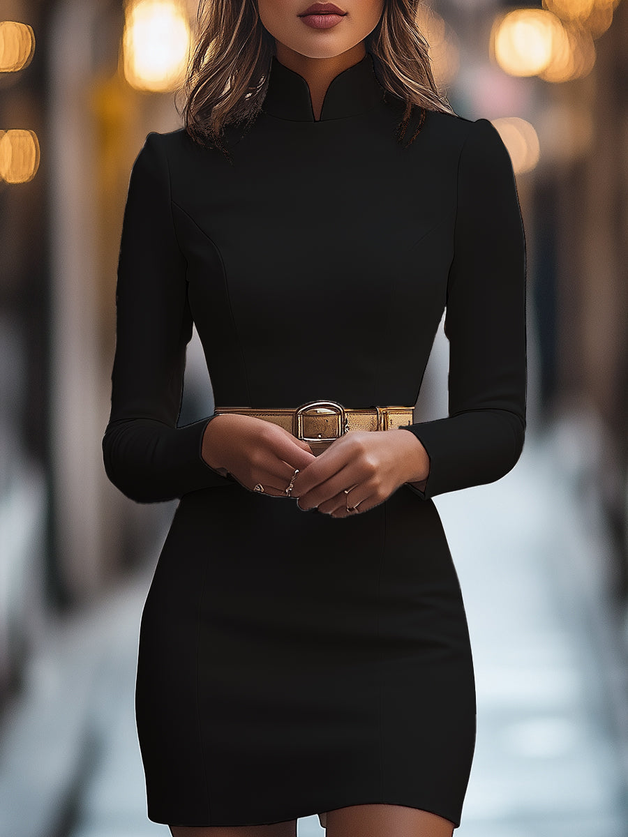 Luella - Women's Mandarin Collar Sheath Dress with Gold Belt