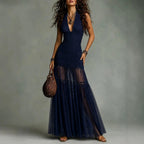 Maren - Women's Halter Ruched Sheer Mesh Maxi Dress 1