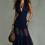 Maren - Women's Halter Ruched Sheer Mesh Maxi Dress 2