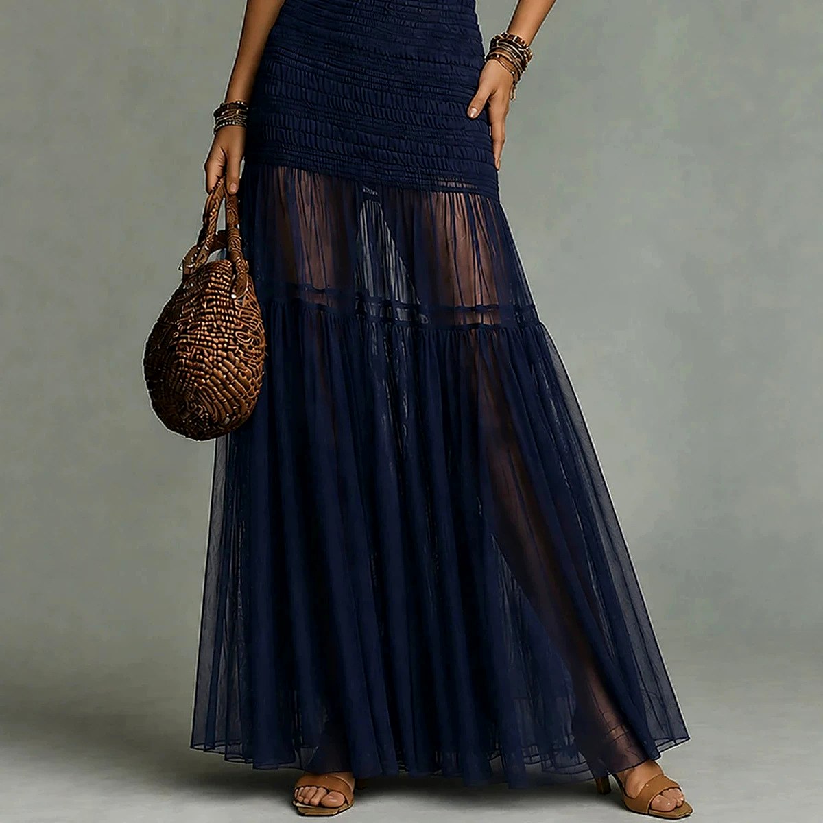 Maren - Women's Halter Ruched Sheer Mesh Maxi Dress 3