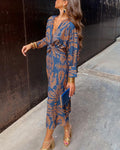 Margaux - Women's Ornamental Print V-Neck A-Line Midi Dress