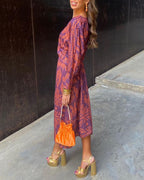 Margaux - Women's Ornamental Print V-Neck A-Line Midi Dress