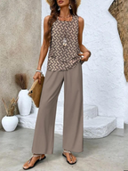 Michelle - Women's Layered Sleeveless Top & Wide-Leg Printed Pants Set