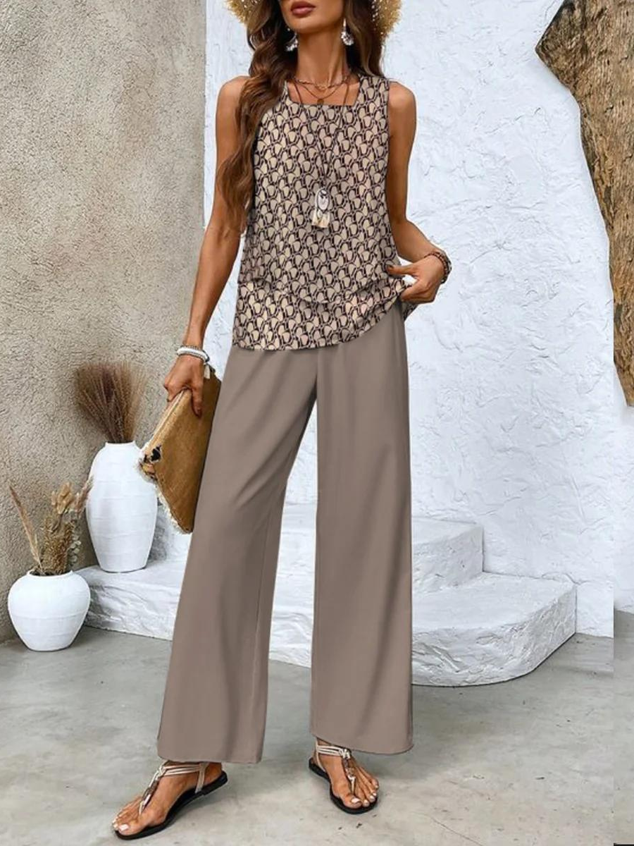 Michelle - Women's Layered Sleeveless Top & Wide-Leg Printed Pants Set