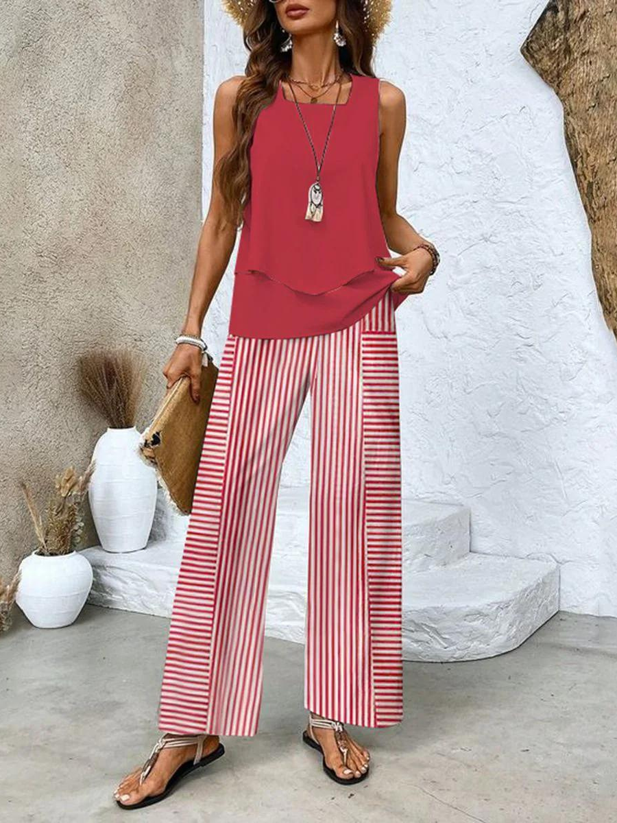 Michelle - Women's Layered Sleeveless Top & Wide-Leg Printed Pants Set