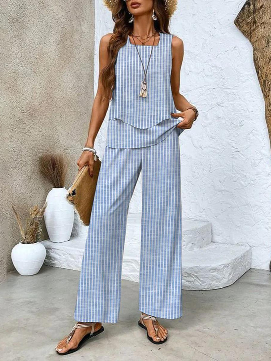 Michelle - Women's Layered Sleeveless Top & Wide-Leg Printed Pants Set