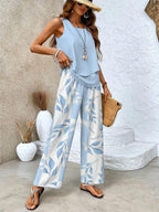 Michelle - Women's Layered Sleeveless Top & Wide-Leg Printed Pants Set
