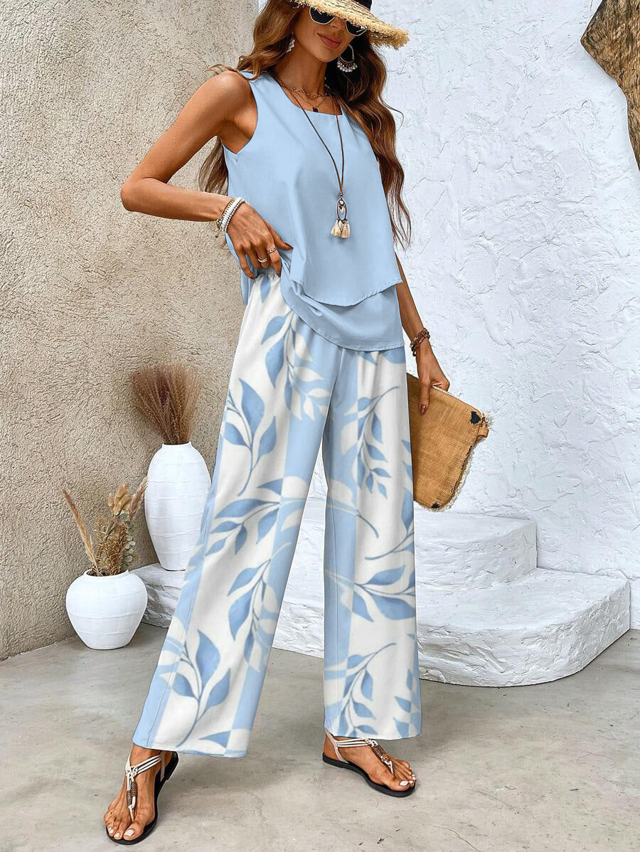 Michelle - Women's Layered Sleeveless Top & Wide-Leg Printed Pants Set