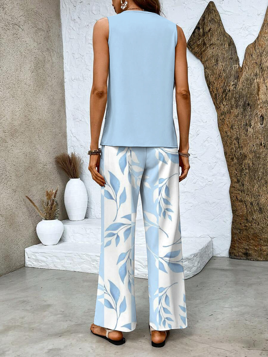 Michelle - Women's Layered Sleeveless Top & Wide-Leg Printed Pants Set