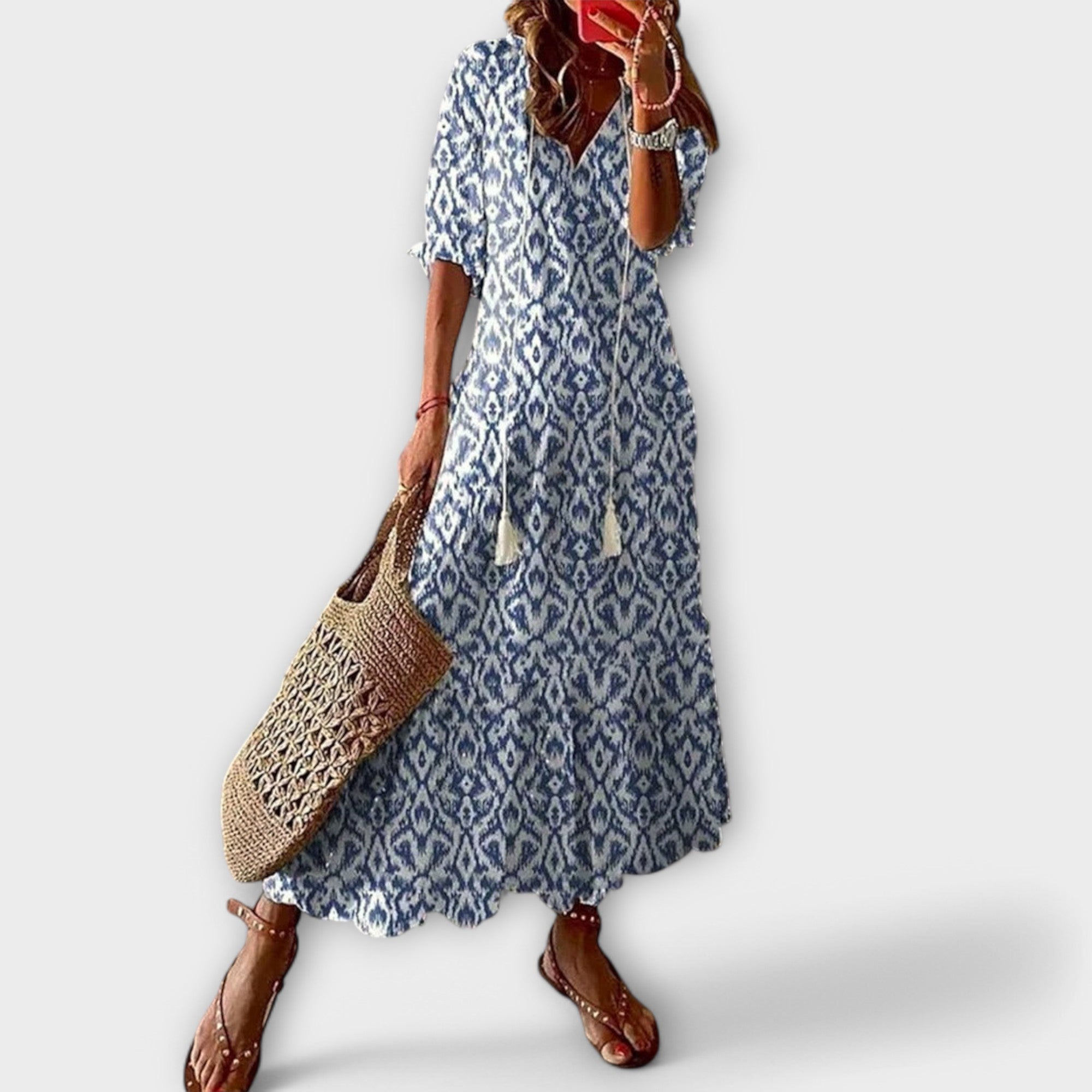 Molly - Women's Ikat-Print V-Neck Maxi Dress