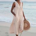Myra - Women's Button-Front V-Neck Ruffle-Hem Midi Dress