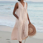 Myra - Women's Button-Front V-Neck Ruffle-Hem Midi Dress