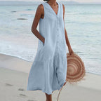 Myra - Women's Button-Front V-Neck Ruffle-Hem Midi Dress
