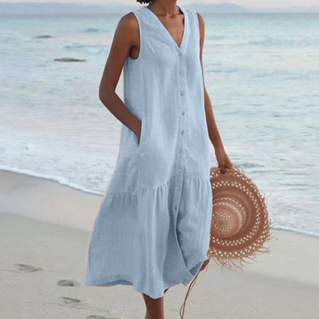 Myra - Women's Button-Front V-Neck Ruffle-Hem Midi Dress
