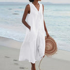 Myra - Women's Button-Front V-Neck Ruffle-Hem Midi Dress