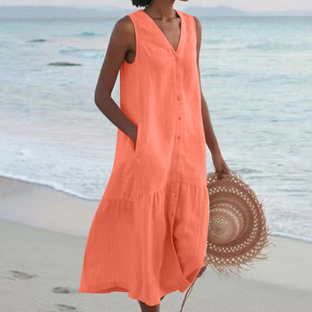 Myra - Women's Button-Front V-Neck Ruffle-Hem Midi Dress
