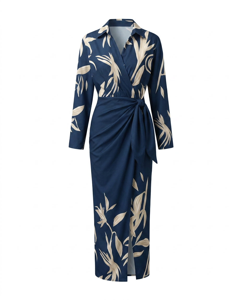 Nadira - Women's Leaf-Print Wrap Maxi Dress with V-Neckline