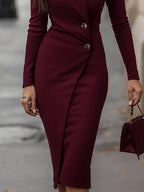 Natalie - Women's Button-Accented Wrap Midi Dress