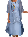 Natasha - Women's Lace-Panel Layered Midi Dress with Sheer Sleeves