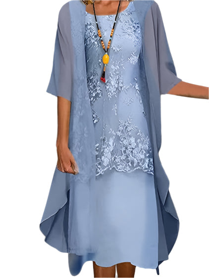 Natasha - Women's Lace-Panel Layered Midi Dress with Sheer Sleeves