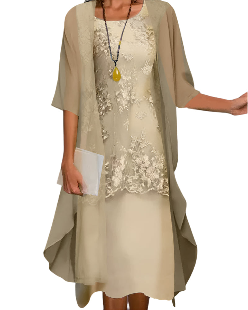 Natasha - Women's Lace-Panel Layered Midi Dress with Sheer Sleeves