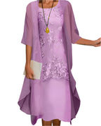 Natasha - Women's Lace-Panel Layered Midi Dress with Sheer Sleeves