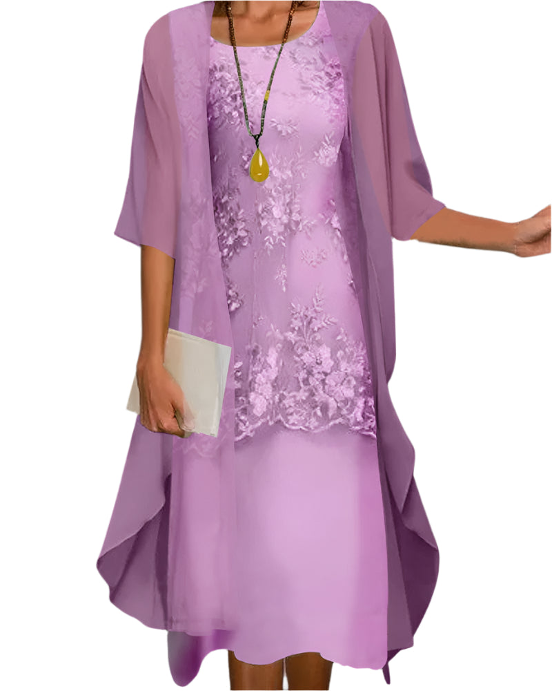 Natasha - Women's Lace-Panel Layered Midi Dress with Sheer Sleeves