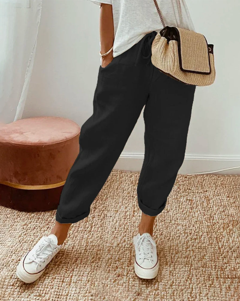 Noemi - Women's Drawstring Linen Cropped Trousers
