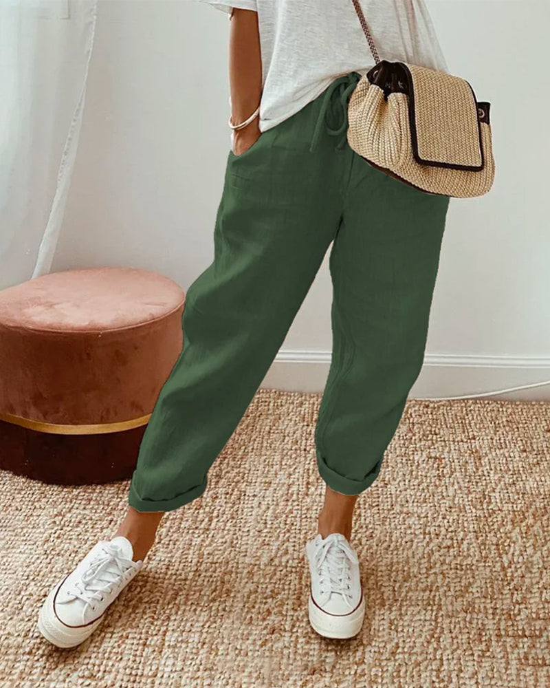 Noemi - Women's Drawstring Linen Cropped Trousers