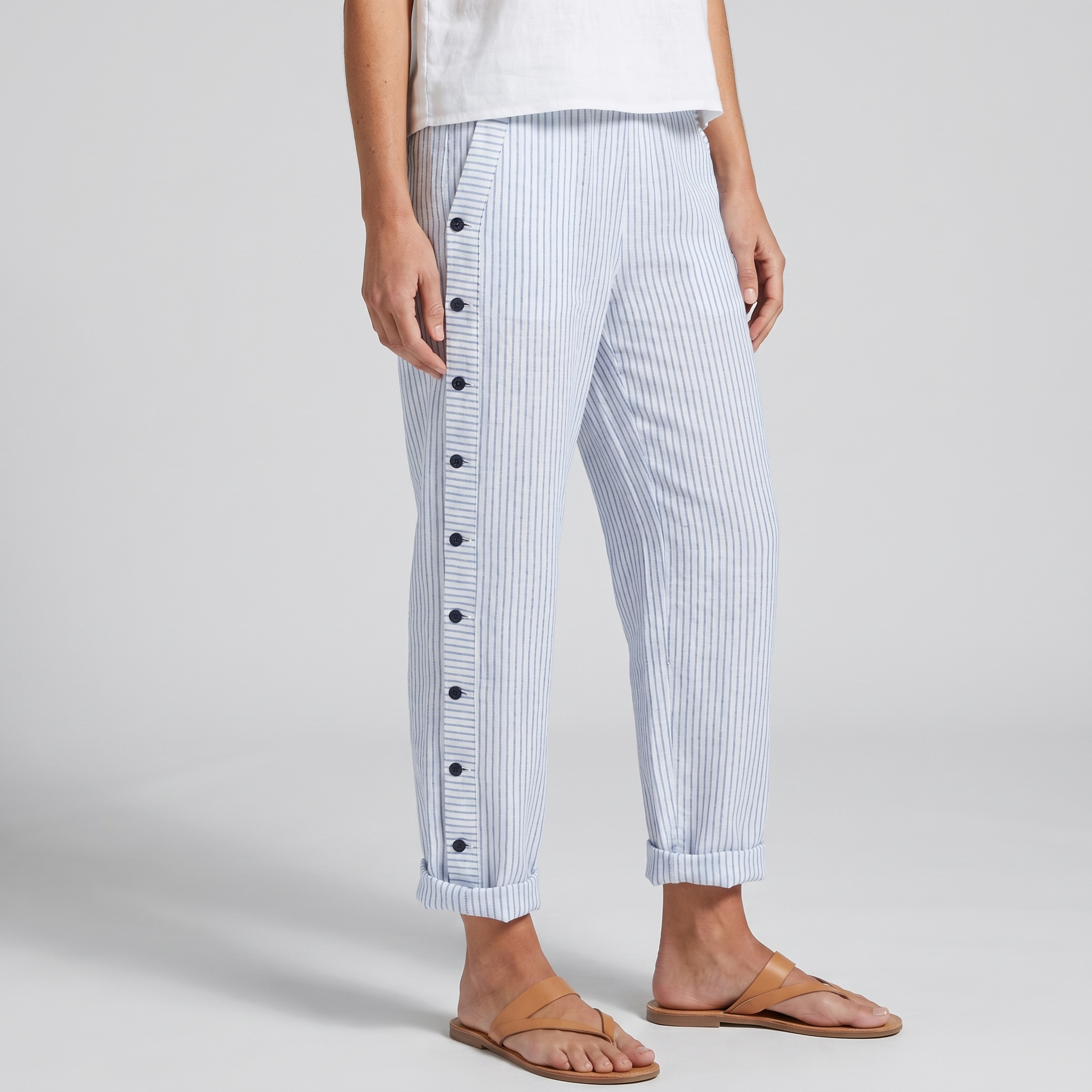 Phoebe - Women's Pinstripe Button-Panel Relaxed Trousers