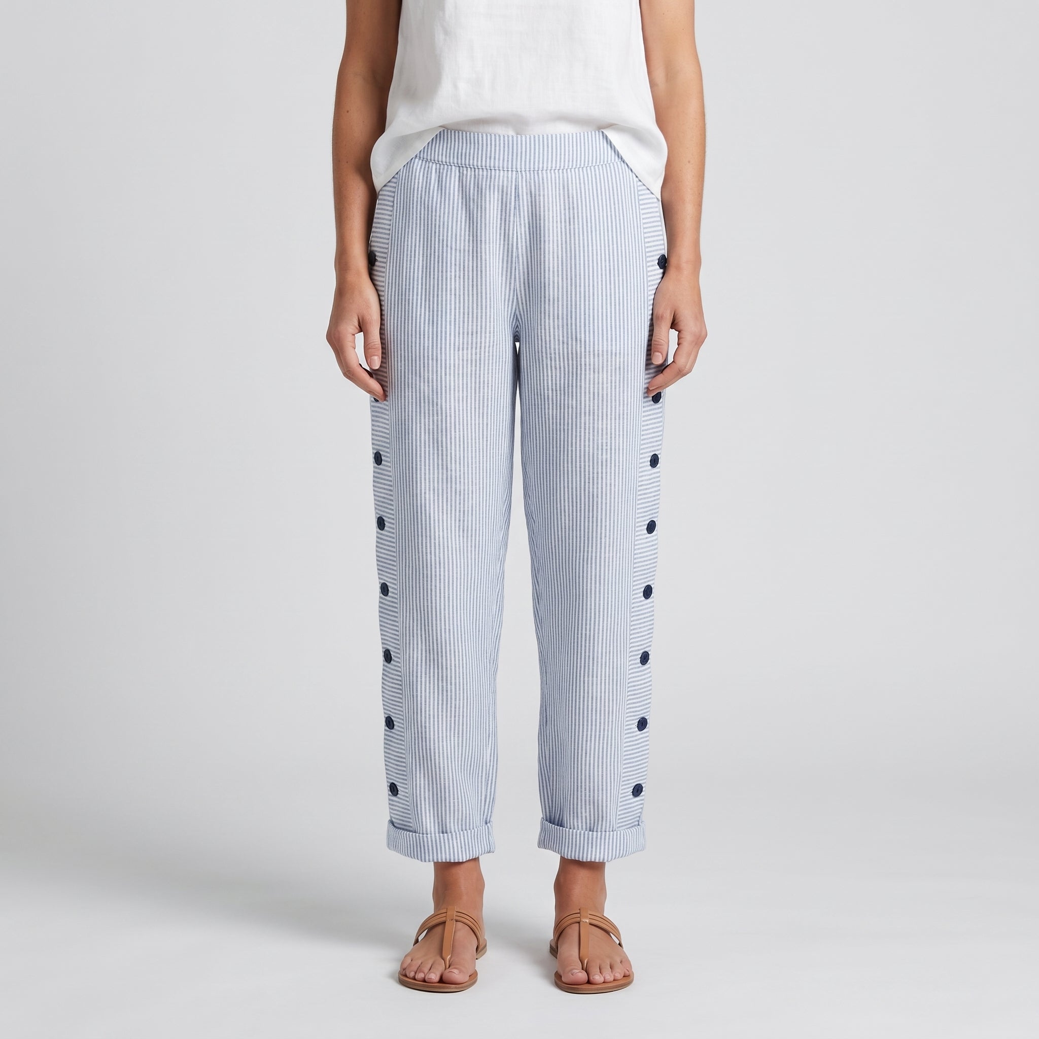 Phoebe - Women's Pinstripe Button-Panel Relaxed Trousers
