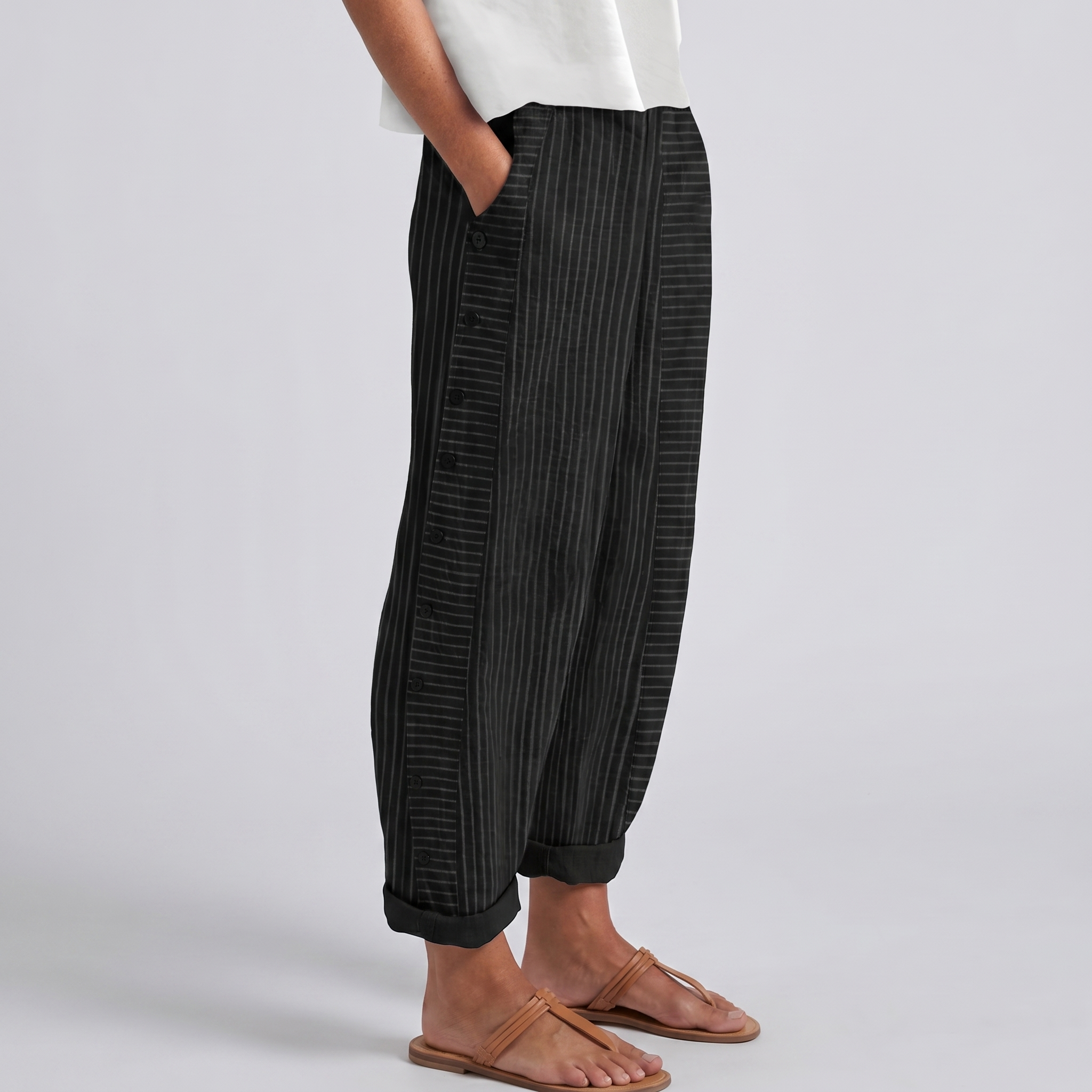 Phoebe - Women's Pinstripe Button-Panel Relaxed Trousers