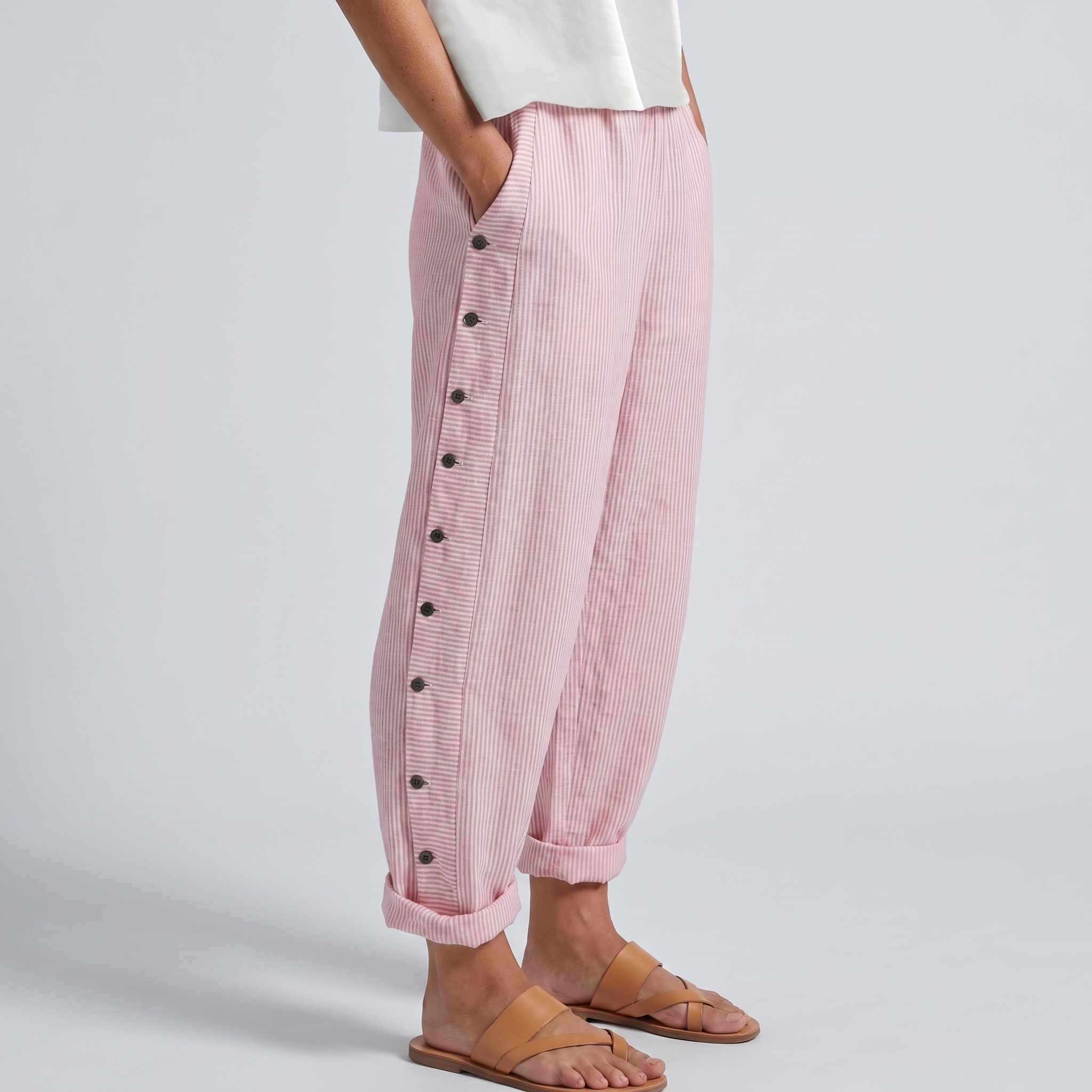 Phoebe - Women's Pinstripe Button-Panel Relaxed Trousers