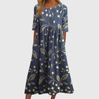 Piper - Women's Floral A-Line Midi Dress with Three-Quarter Sleeves