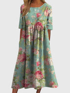 Piper - Women's Floral A-Line Midi Dress with Three-Quarter Sleeves
