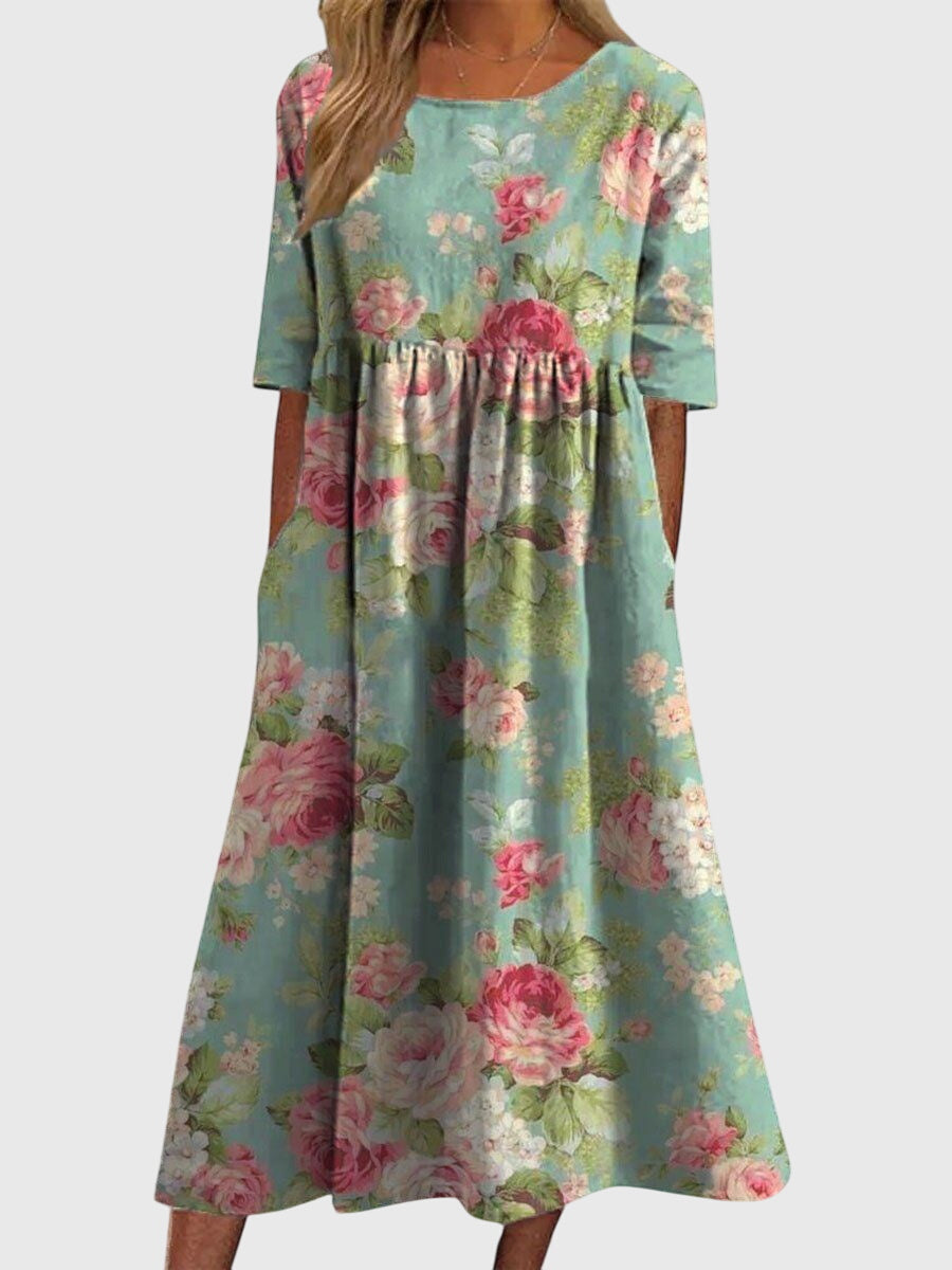 Piper - Women's Floral A-Line Midi Dress with Three-Quarter Sleeves