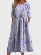 Piper - Women's Floral A-Line Midi Dress with Three-Quarter Sleeves