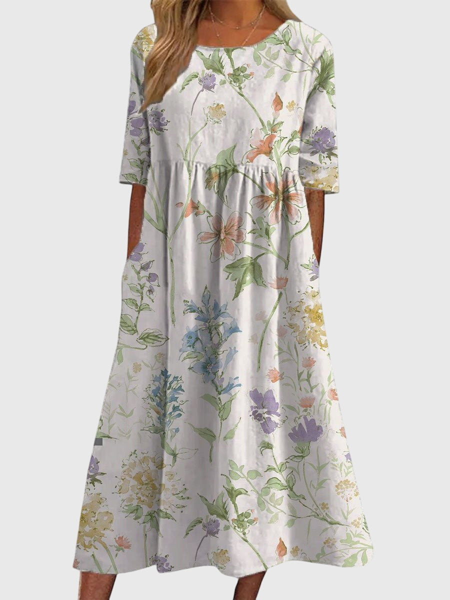 Piper - Women's Floral A-Line Midi Dress with Three-Quarter Sleeves
