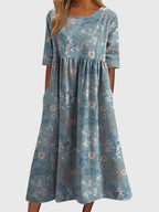 Piper - Women's Floral A-Line Midi Dress with Three-Quarter Sleeves