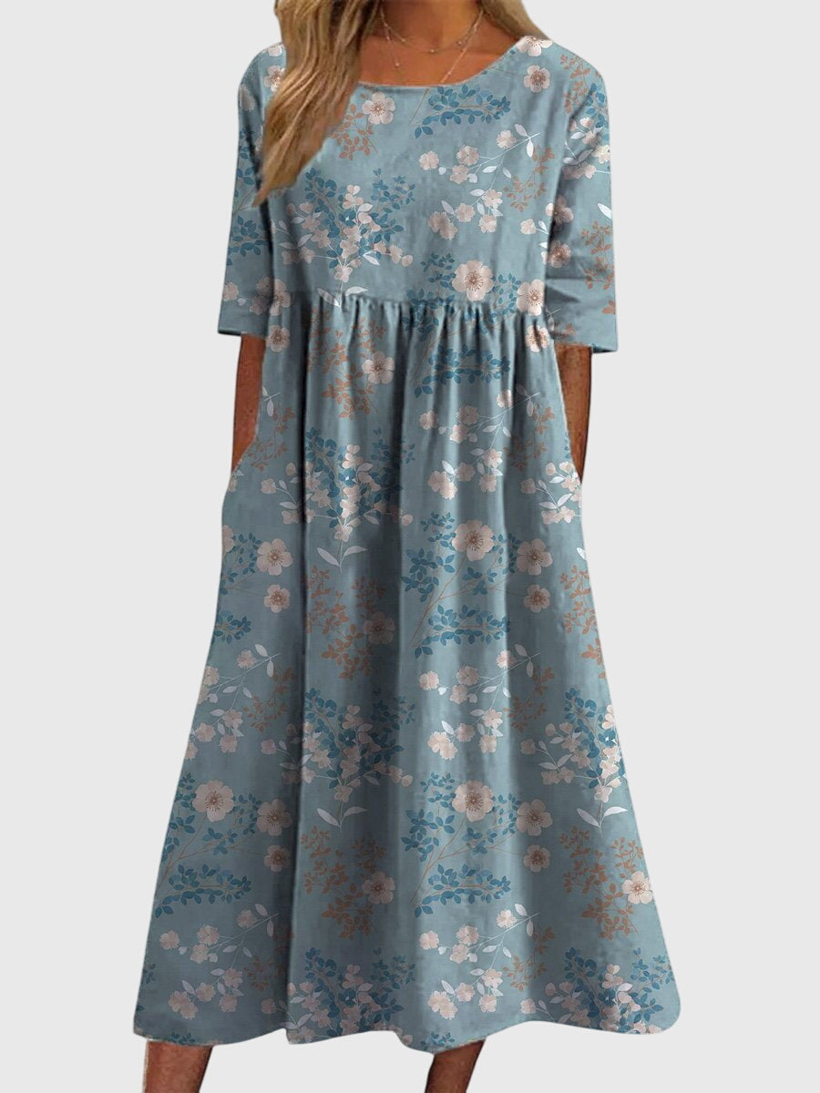 Piper - Women's Floral A-Line Midi Dress with Three-Quarter Sleeves