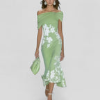 Rosalind - Women's Off-Shoulder Floral Midi Dress with Ruched Neckline