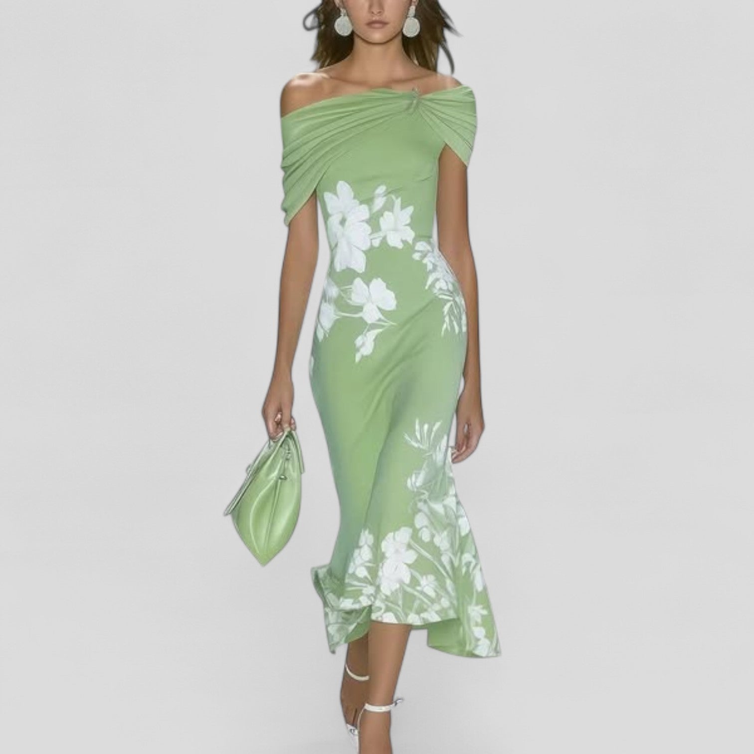 Rosalind - Women's Off-Shoulder Floral Midi Dress with Ruched Neckline