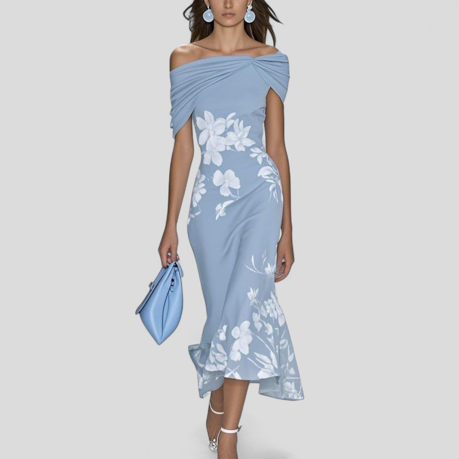 Rosalind - Women's Off-Shoulder Floral Midi Dress with Ruched Neckline