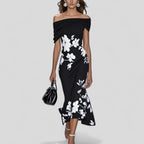 Rosalind - Women's Off-Shoulder Floral Midi Dress with Ruched Neckline