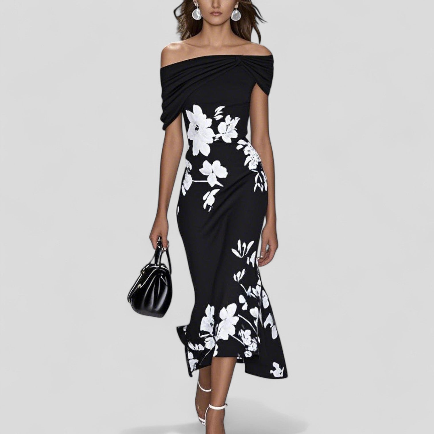 Rosalind - Women's Off-Shoulder Floral Midi Dress with Ruched Neckline
