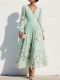 Selene - Women's Floral Chiffon Midi Dress with V-Neckline and Balloon Sleeves